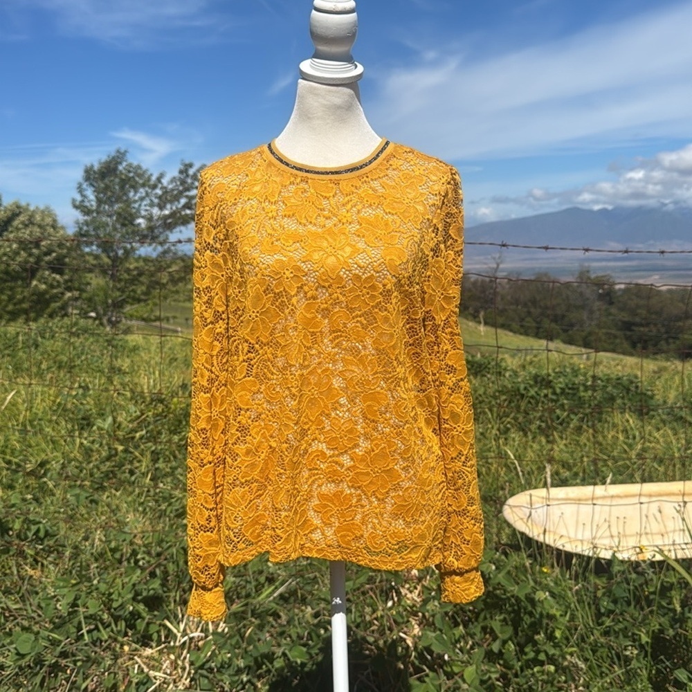 By Only Yellow Mustard lace Work long Sleeve Top Romantic Small